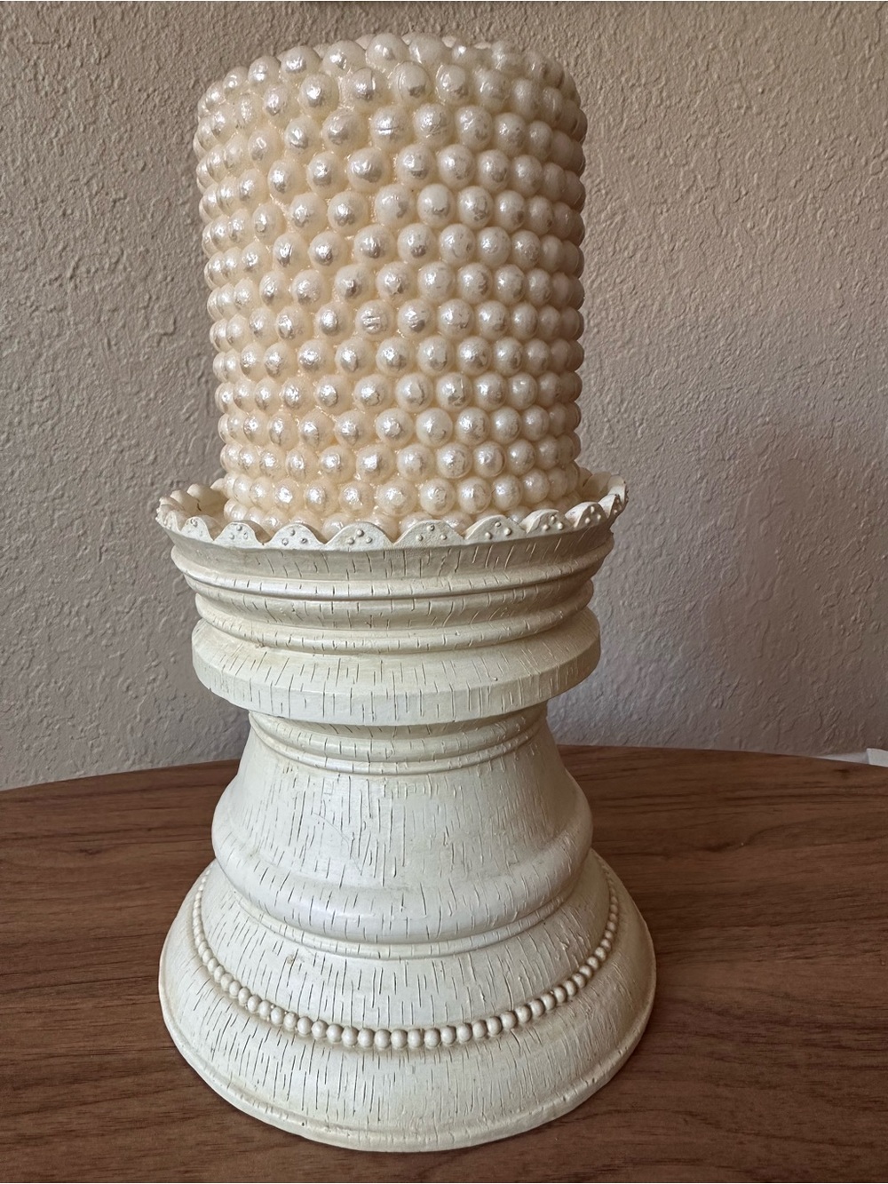Bombay Cream Beaded Pillar Candle on Decorative Pedestal